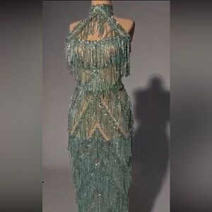 ALBINA DYLA- LUXURY Green Fringe Dress